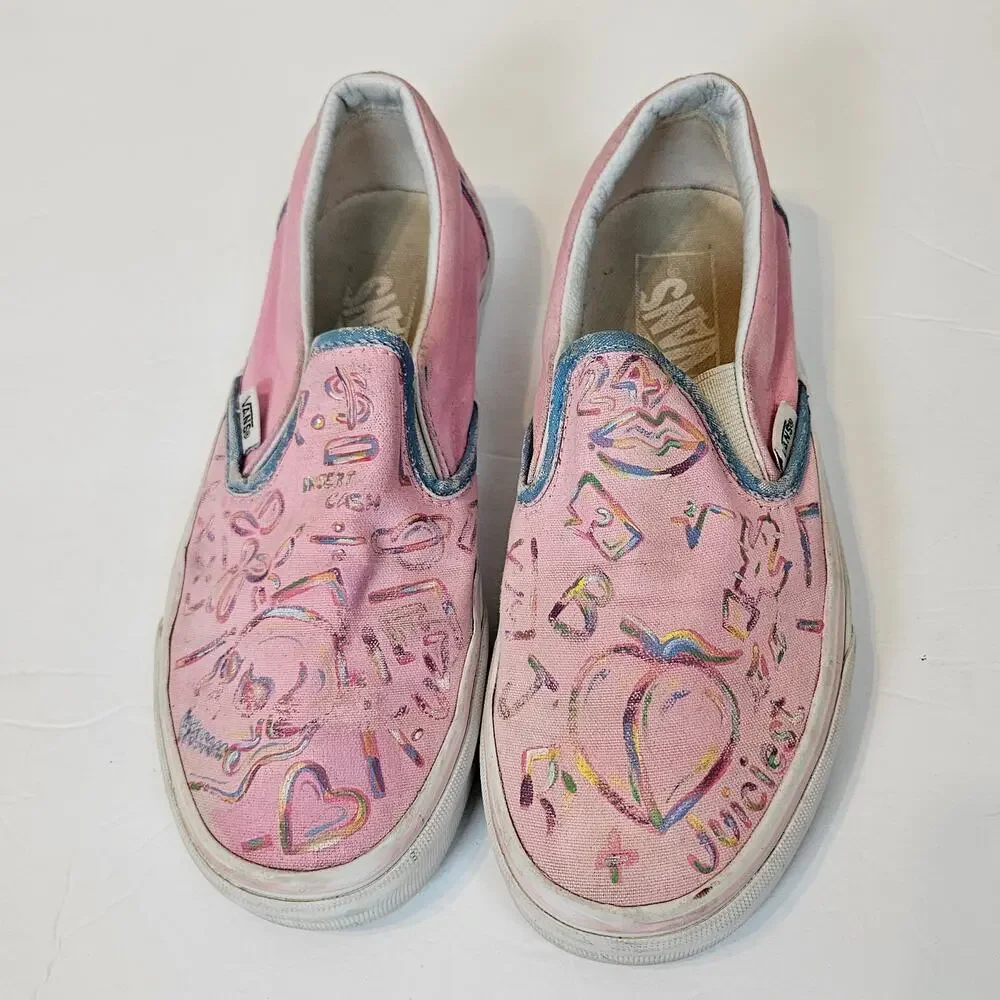Vans Classic Slip On Shoe Sneaker Hand Painted Upcycle Light Pink‎ Women's 6.5